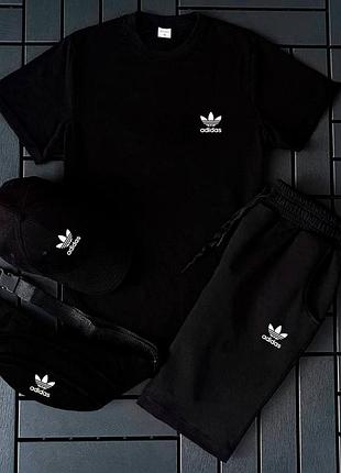 Летний черный спортивный костюм adidas мужской 4в1 , черный комплект адидас футболка и шорты и кепка + б trek
