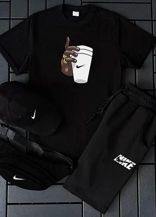 Мужской летний костюм nike черный 4в1 набор ,спортивный комплект найк черный футболка шорты кепка банан trekmr