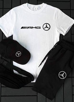 Літній костюм mercedes amg білий чоловічий 4в1, білий комплект мерседес на літо костюм + бейсболка + бананка