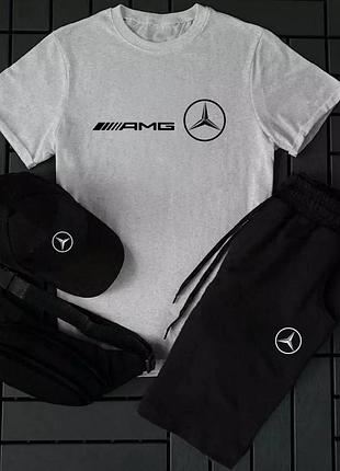 Літній костюм mercedes amg сірий чоловічий 4в1, сірий комплект мерседес на літо костюм + бейсболка + бананка