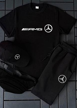 Літній костюм mercedes amg чорний чоловічий 4в1, чорний комплект мерседес на літо костюм + бейсболка + бананка