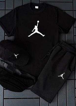 Мужской черный летний костюм jordan 4в1 , спортивный летний джордан комплект шорты + футболка + кепка +б trek