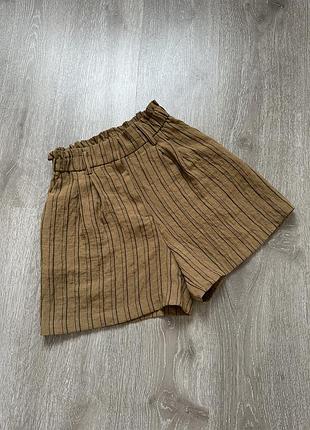 Коричневі смугасті шорти h&m жіночі короткі міні у смужку на резинці із защипами літні весняні