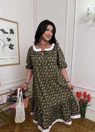 Женское свободное платье миди с цветочным принтом и воланом из коттона поплина (мокко, 42-44-46) хакі, 56-58-60