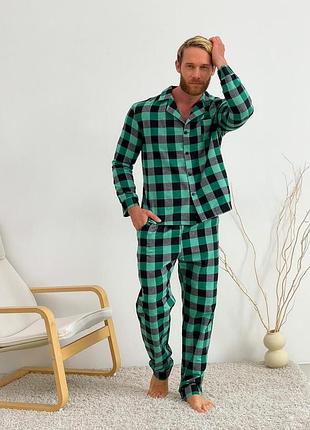 Піжама чоловіча cosy з фланелі (штани+сорочка) клітина зелено/чорна 2xl