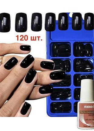 120 шт накладні нігті + клей з пензликом чорні середньо-короткі готові до використанні тіпси з покриттям багаторазові
