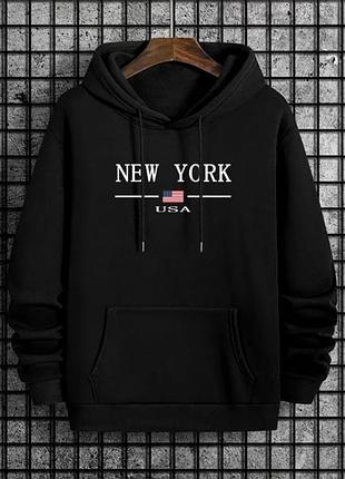 Худи унисекс однотонный осень-зима на флисе oversize с надписью new york g&n черый