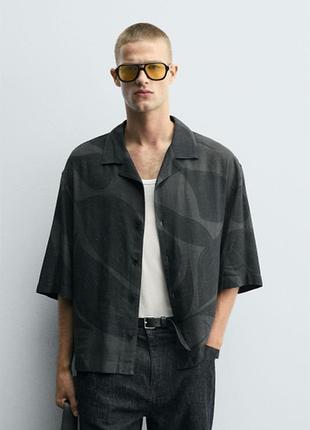 Рубашка zara короткий рукав льняная 19647 black l