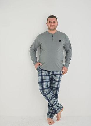 Чоловіча бавовняна піжама "cameron premium" батал лонгслів та штани в клітину, сіро-синя клітинка