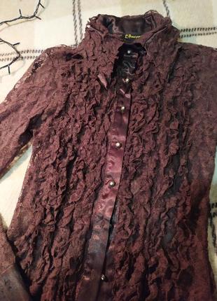 Шикарная гипюровая блуза цвета горький шоколад1 фото