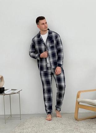 Пижама мужская cosy из фланели (брюки+рубашка+футболка) клетка темно-синий/серый