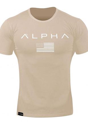 Бежевая футболка от бренда alpha в американском стиле