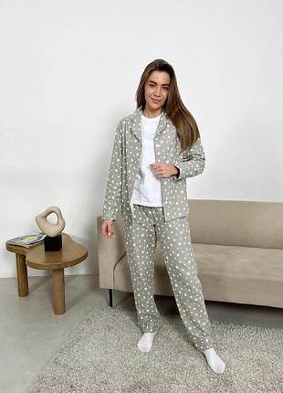 Домашняя пижама женская cosy белые звездочки на сером (рубашка+брюки+футболка)