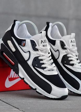 Мужские кроссовки nike air max 90 черно белые фирменные комфортные кроссы кожа и сетка на весну лето найк аир макс