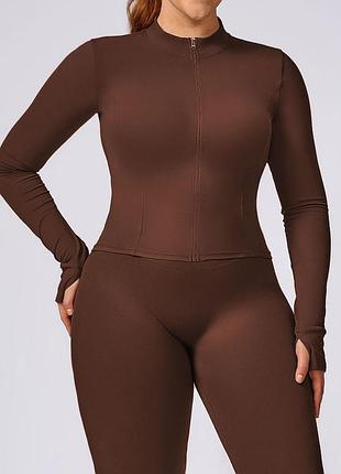 Спортивна кофта на блискавці plus size кавовий рашгард з довгими рукавами коричневий 73139 s (36-38)