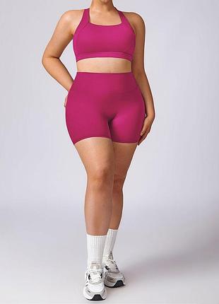 Розовый комплект plus-size: топ + шорты фуксия спортивный набор на тренировки малиновый 7436-91190 xl (48-50)