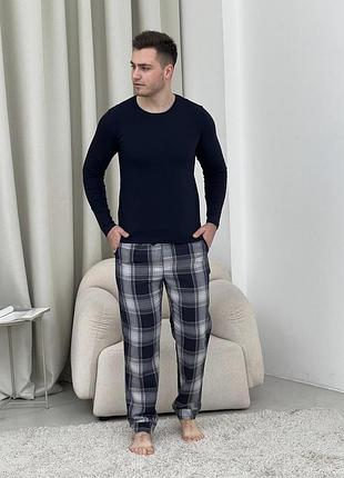 Домашній піжамний комплект для чоловіків cosy(штани+лонгслів нн) темно-синій/сірий