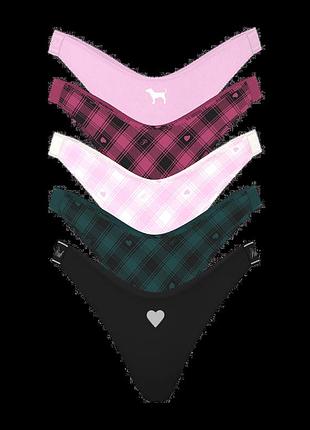 Жіночі бавовняні трусики стрінги victoria's secret pink logo cotton thong кольорові набір 5 шт (s)