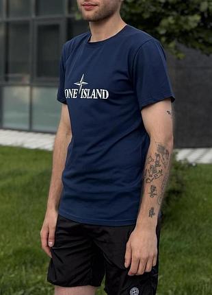 Футболка stone island синяя принт + шорты плащевка