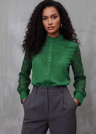 Блузка женская с красивым кружевом однотонная fashion зеленая