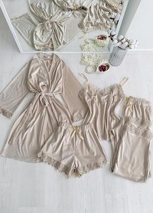 Комплект женский четверка халат майка шорты штаны amelia collection xl бежевый