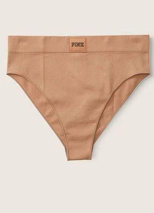 Бесшовные трусики бикини victoria's secret pink seamless high waist rib bikini panty бежевые xs