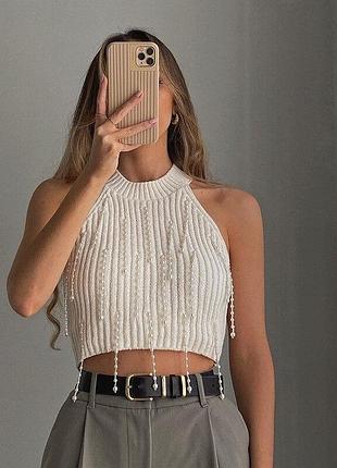 Майка жіноча літня трикотажна з намистинами. топ у стилі zara з бахромою з намистин m, бежевий