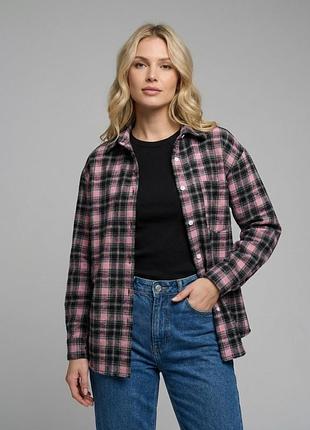 Сорочка жіноча фланелева oversize в рожеву клітинку чорна