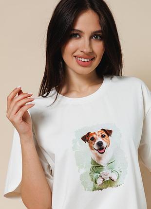 Жіноча бавовняна футболка oversize з принтом giulia urban paws 4826/010 m multicolor-milk/jack russell print