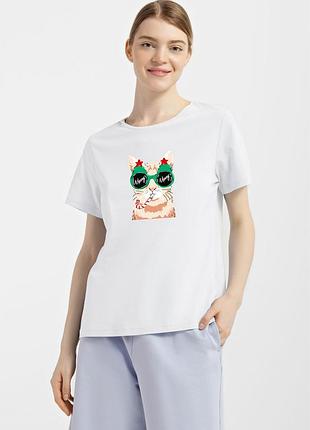 Футболка жіноча біла з принтом "кіт з цукеркою", 2xl