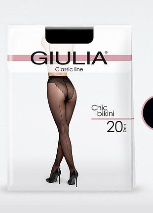 Классические матовые колготки с ажурными трусиками и декоративным швом giulia chic 20 bikini nero/rosso, 2(s) nero, 3(m)