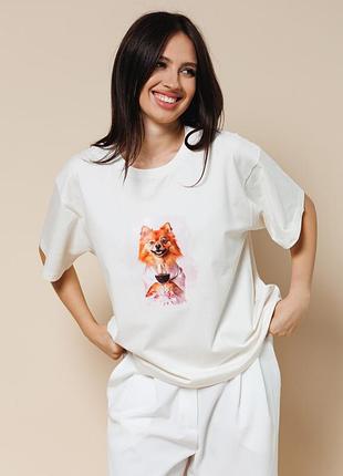 Жіноча бавовняна футболка oversize з принтом giulia urban paws 4826/010 m multicolor-milk/pomeranian print