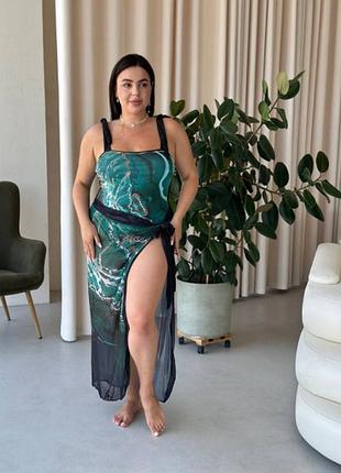 Суцільний купальник plus size в мраморному принті з парео