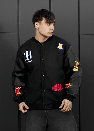 Чоловічий чорний бомбер staff x husll tiger на ґудзиках