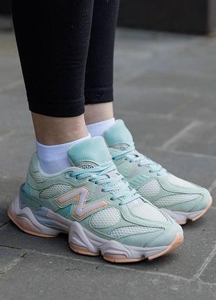 Кроссовки new balance 9060 mint grey orange для женщин мятные замшевые удобные легкие для повседневной носки