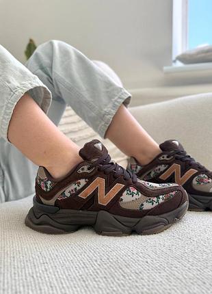 Кроссовки new balance 9060 atmos pink нью баланс 9060 коричневые с вставками с цветами