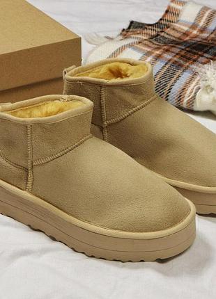 Женские ugg classic ultra mini platform бежевые модные угги классик мини платформ замшевые с мехом на зиму