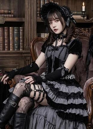 Ефектні чорні мітенки з ремінцями бантами jirai kei dark lolita