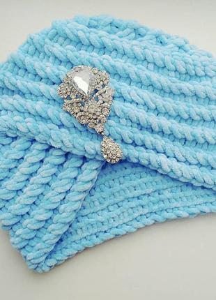 Велюрова чалма тюрбан ручної роботи бірюзово-блакитного кольору