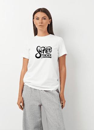 Футболка жіноча біла з принтом "super teacher", xs