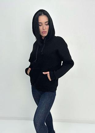 Однотонная кофта с капюшоном женское худи на флисе спортивная теплая толстовка из турецкой трехнитки 50-52, черный