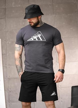 Летний мужской комплект adi logo grey футболка + шорты повседневный спортивный размеры s-xxl