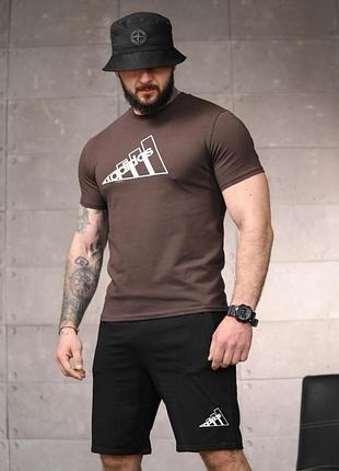 Летний мужской комплект adi logo brown футболка + шорты повседневный спортивный размеры s-xxl
