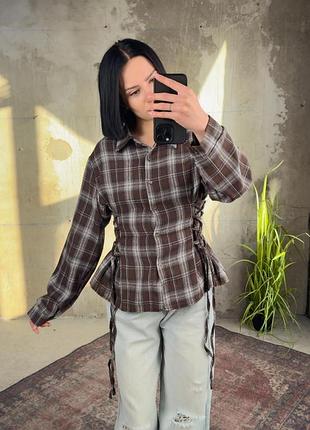 Сорочка жіноча в клітинку з корсетом шоколадна oversize стильна s–xl