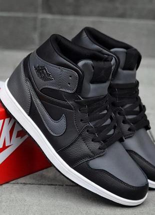Мужские кроссовки jordan 1 черные качественные ботинки из натуральной кожи на меху зимние джордан