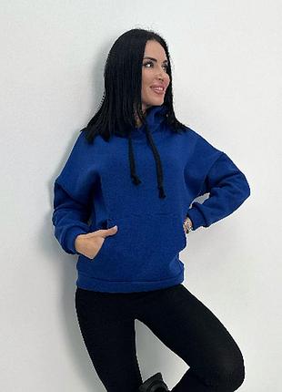 Однотонная кофта с капюшоном женское худи на флисе спортивная теплая толстовка из турецкой трехнитки 42-44, электрик