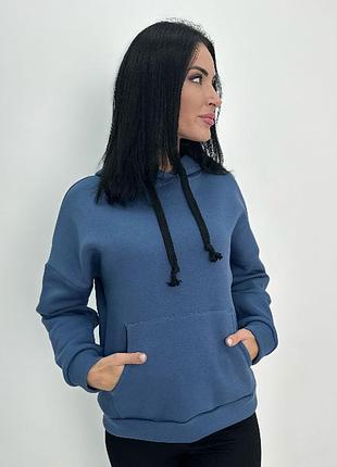 Однотонная кофта с капюшоном женское худи на флисе спортивная теплая толстовка из турецкой трехнитки 42-44, джинс
