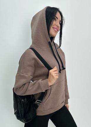 Однотонная кофта с капюшоном женское худи на флисе спортивная теплая толстовка из турецкой трехнитки 42-44, мокко