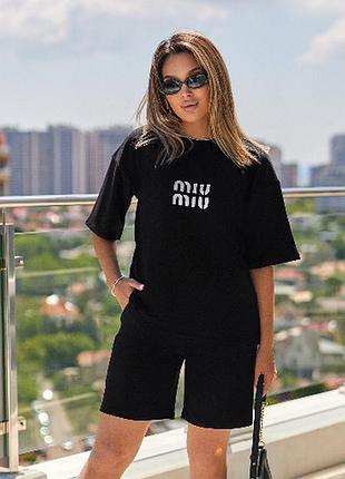 Летний женский костюм с принтом миу миу больших размеров спортивный костюм футболка и шорты на лето 50-52, черный