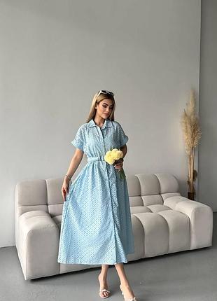 Ніжна жіноча сукня - сорочка міді з порошви приталена з поясом на ґудзиках літнє плаття з коміром
